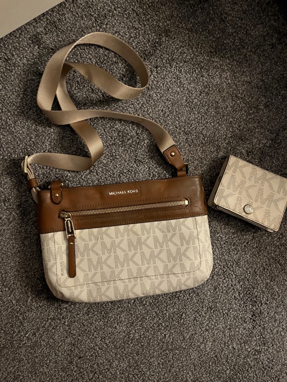 Michael Kors Cream and Brown Logo Crossbody with Matching Wallet